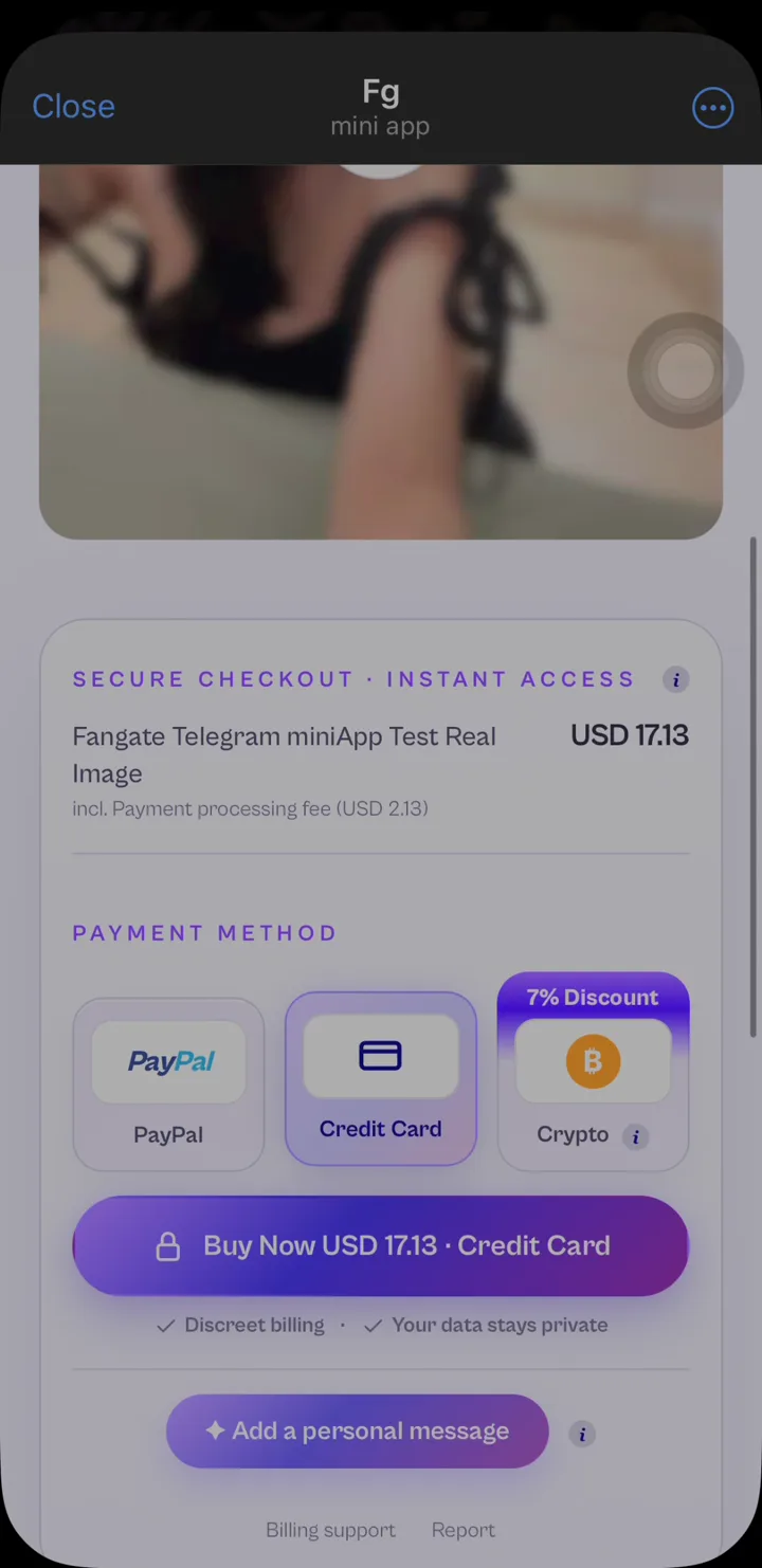 Secure checkout inside Telegram with credit card, PayPal and crypto payment options