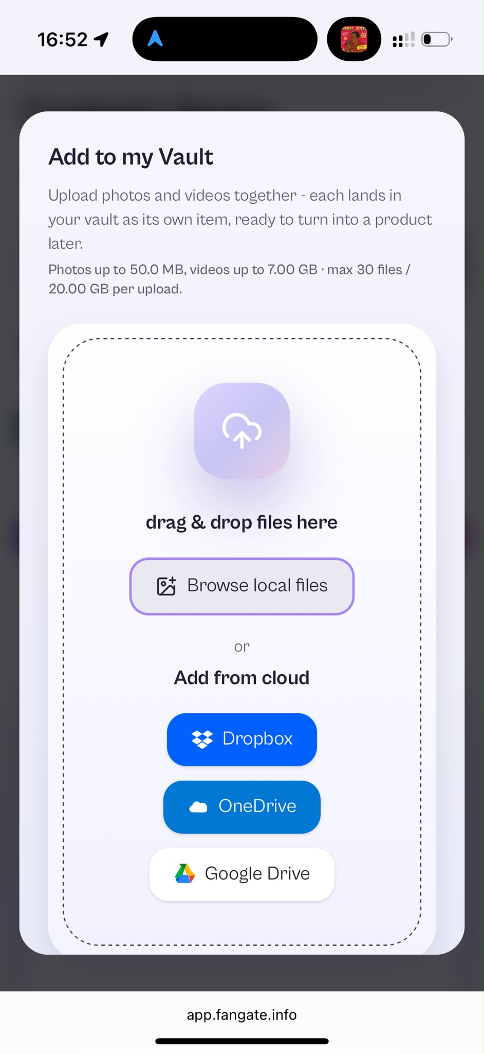 The Add to my Vault dialog in the Fangate dashboard: drag and drop files, browse local files, or add from cloud via Dropbox, OneDrive, and Google Drive