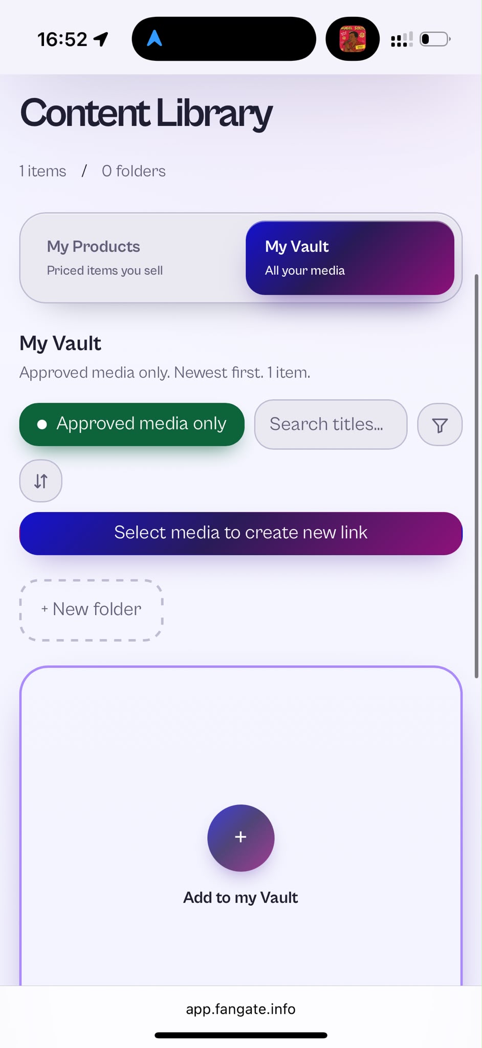 The Fangate Content Library on mobile: the My Vault tab with folders, search, filters, and the Select media to create new link button