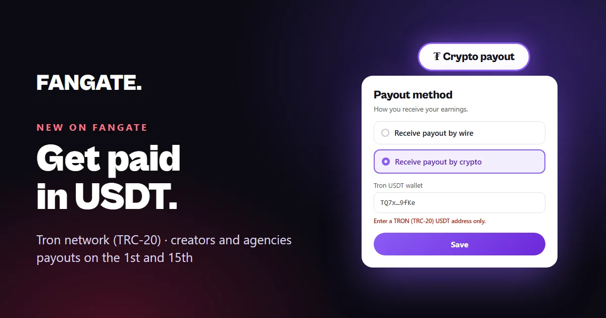 Dark banner with the Fangate wordmark, the line Get paid in USDT and a payout settings card with crypto selected