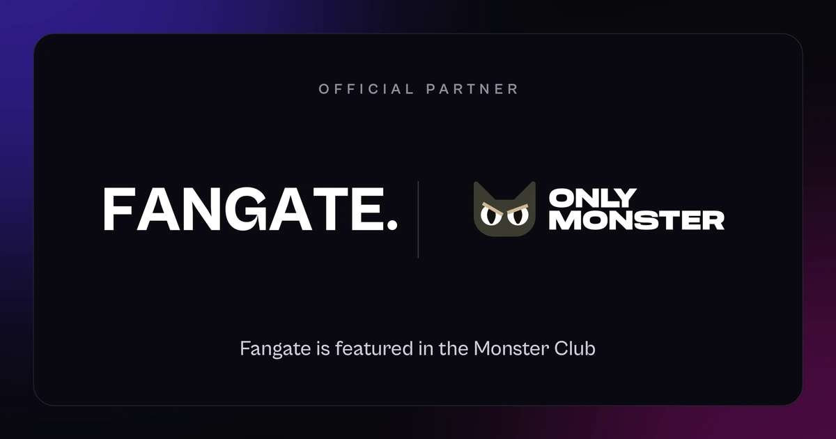 Dark partnership banner with the Fangate wordmark next to the OnlyMonster logo and the line Official partner