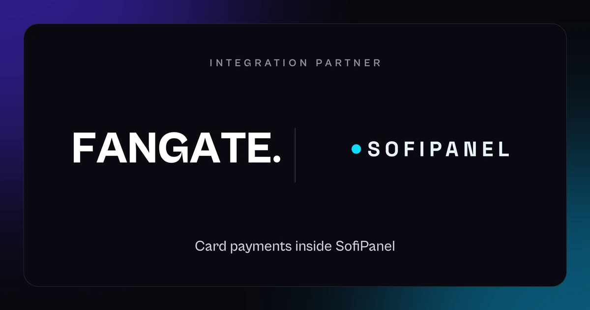 Dark banner with the Fangate wordmark next to the SofiPanel logo and the line Integration partner