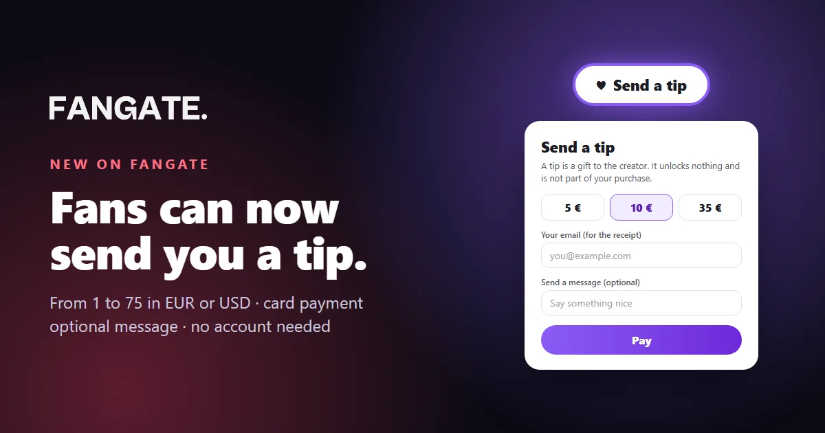The Fangate Send a tip button and the tip window with amounts 5, 10 and 35 euro, an email field, a message field and a Pay button