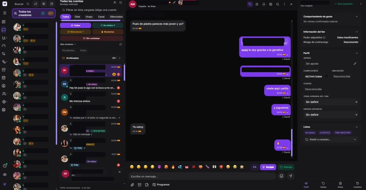The Fans TLG inbox with a fan conversation open and the FG button next to Scripts and Prices below the message field