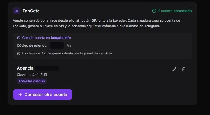 The Fangate section in the Fans TLG settings with one connected agency account and a Connect another account button