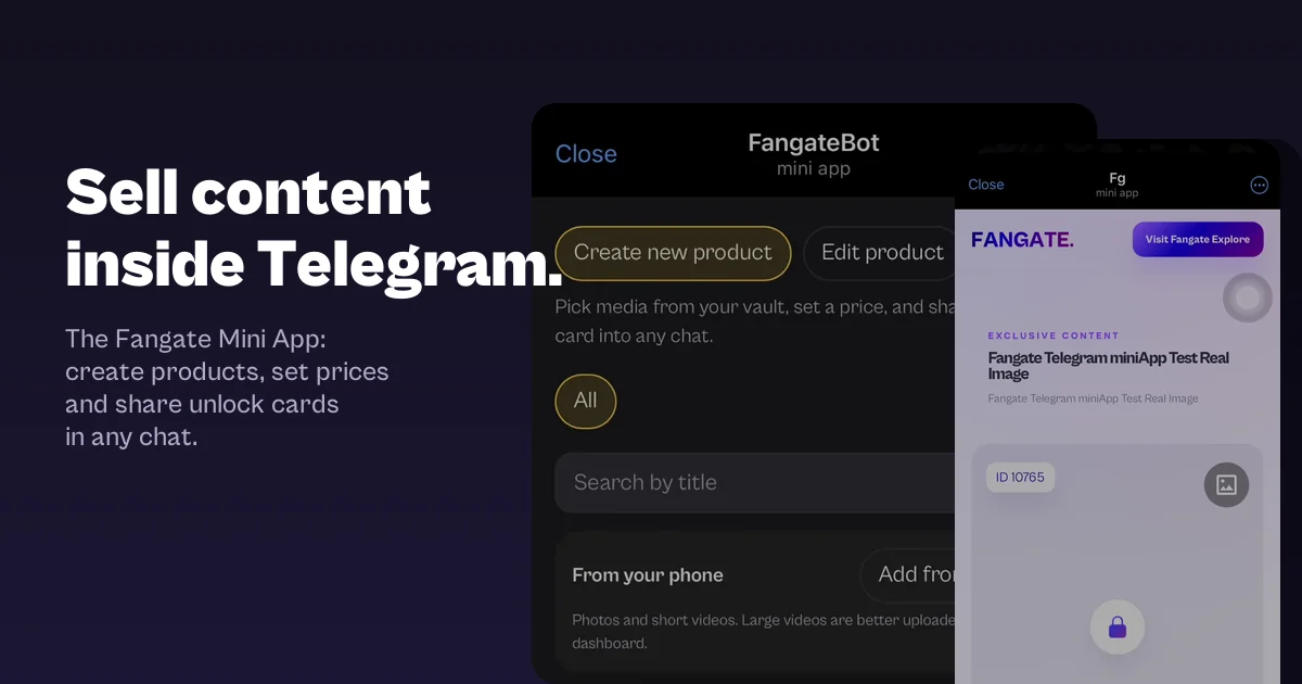 Fangate Telegram Mini App: the product builder and the in-chat checkout shown on two phones