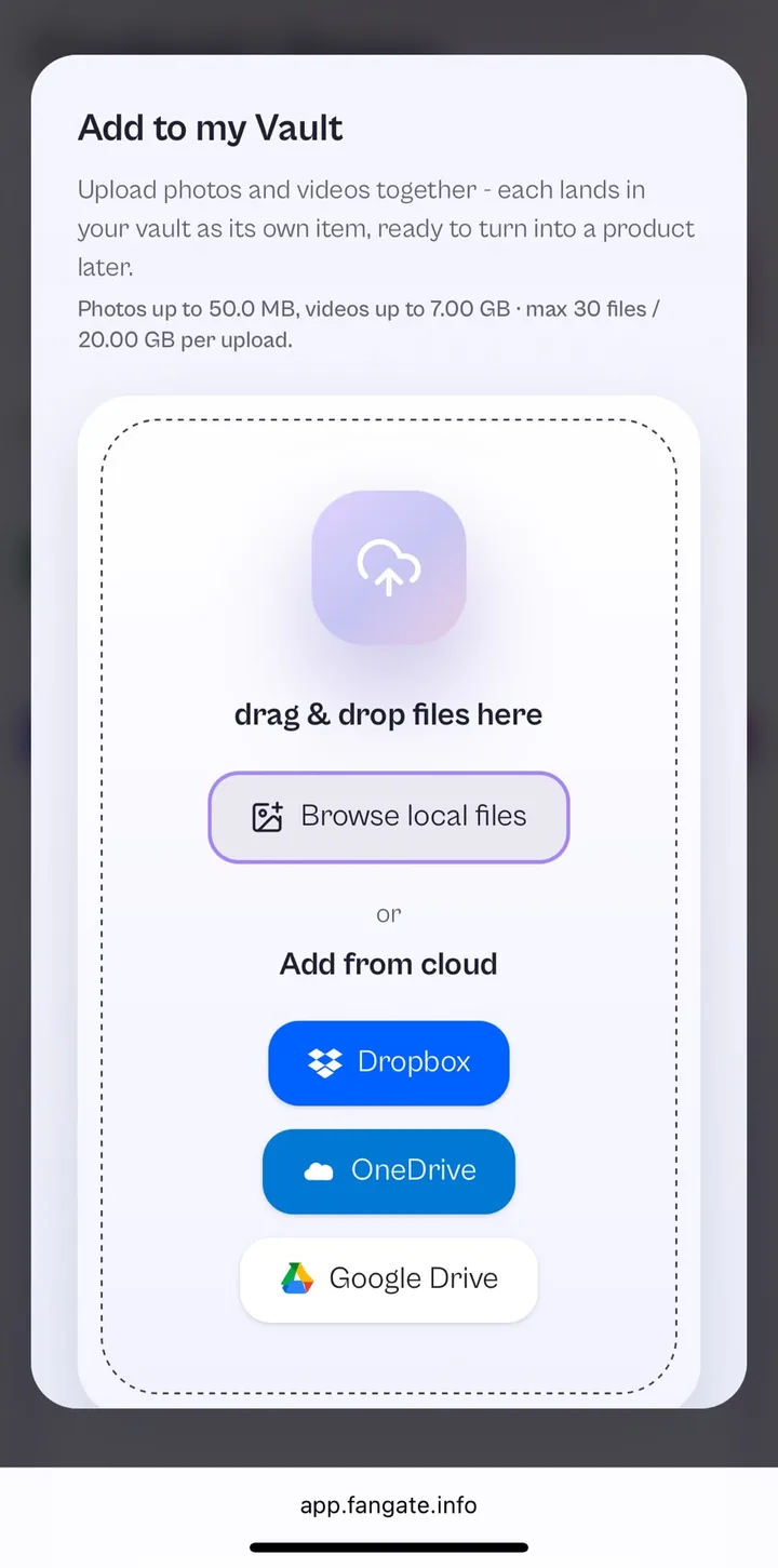 The Add to my Vault dialog with buttons for Dropbox, OneDrive and Google Drive