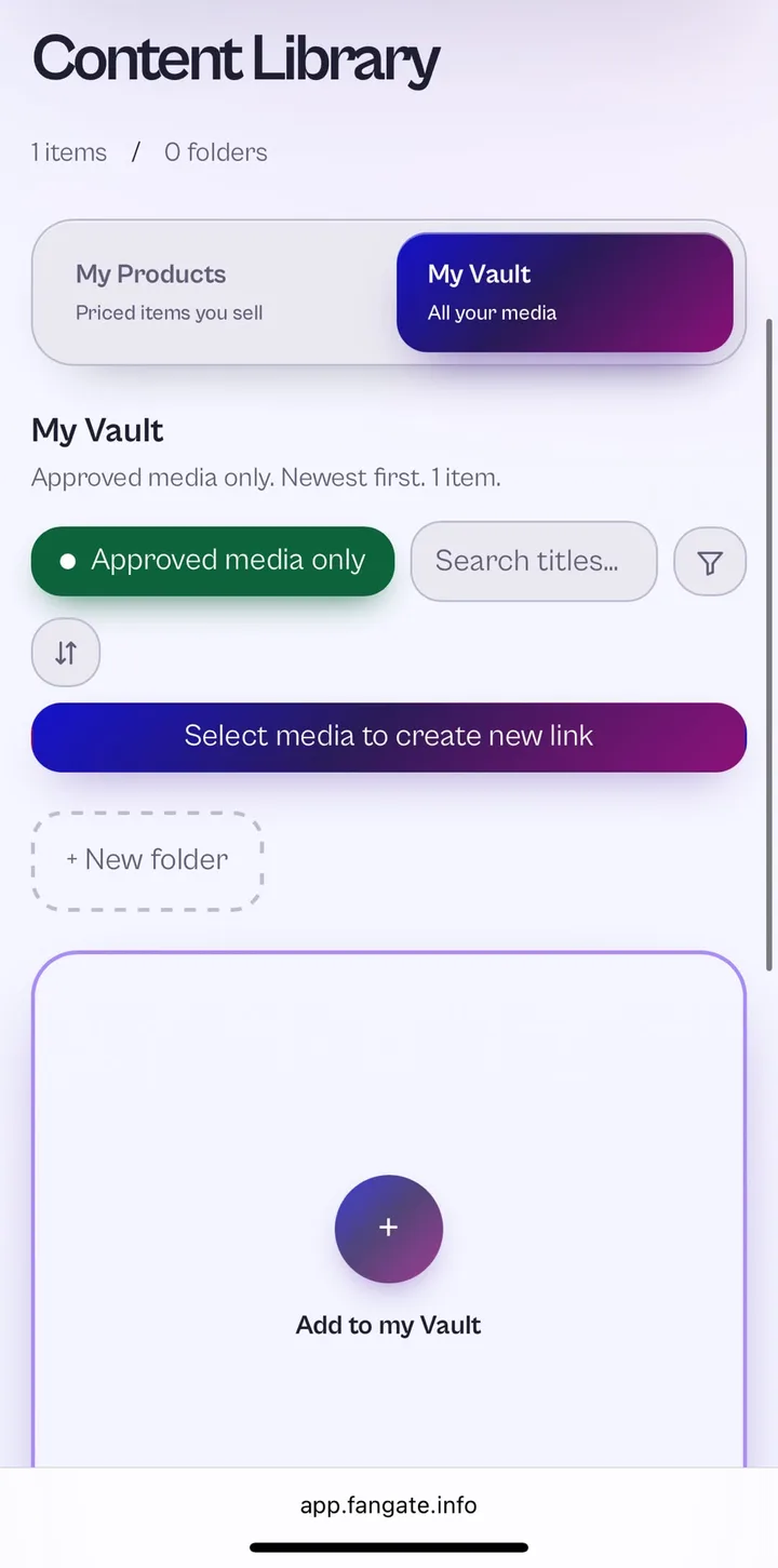The Fangate content library listing imported vault items